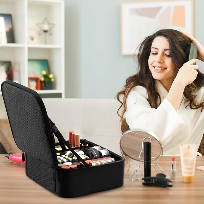 gzcz Travel Makeup Bag,10.4 Inches Portable Makeup Case Cosmetic Train Case Organizer Artist Storage Bag With Adjustable Dividers For Cosmetics Brushes Toiletry Jewelry Digital Accessories (Black)