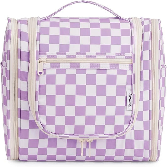 Narwey Checked Hanging Travel Toiletry Bag for Women, Travel Bag for Toiletries, Makeup Bag Organizer Cosmetic Bags Make Up Bags for Women (Purple Checkerboard)