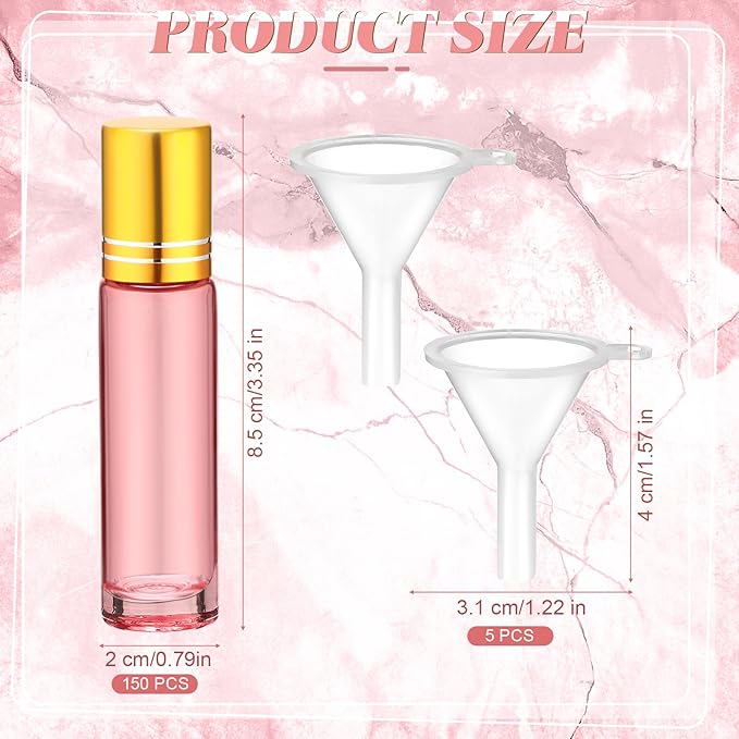 Sumind 150 Pcs Essential Oil Roller Bottles 10 ml Glass Empty Roll on Bottles with Stainless Steel Balls Leak Proof with 5 Funnel for Travel Essential Oil(Pink)