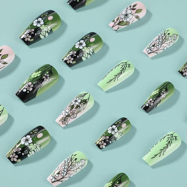 Pink White Flower Press on Nails Spring Medium Coffin Fake Nails Designs Glossy Green Floral False Nails Full Cover Acrylic Nails Stick on Nails for Women Nail Art Decorations 24 Pcs