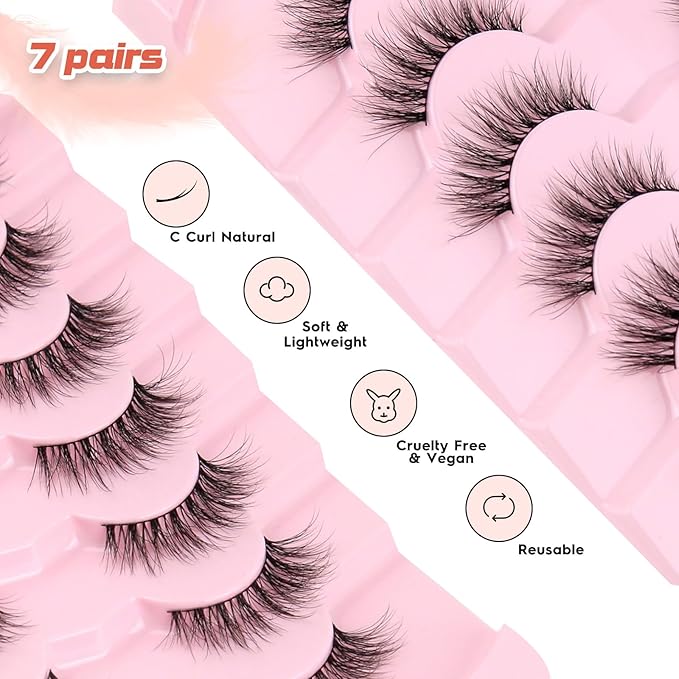 Natural Cat Eye Lashes Wispy Eyelashes 14mm Lightweight False Eyelashes 3D Volume Natural Strip Lashes 0.1mm Thin Cotton Band Lashes Pack C Curl Soft Lashes 7 Pairs Siligli