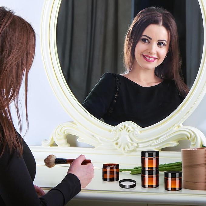 Tanlade 100 Pcs 2 oz Amber Plastic Cosmetic Jars with Lids Empty Leak Proof Container Refillable Cosmetic Jars Airtight for Cream, Lotion, Powder, Ointment, Beauty Products Travel Storage(Round)