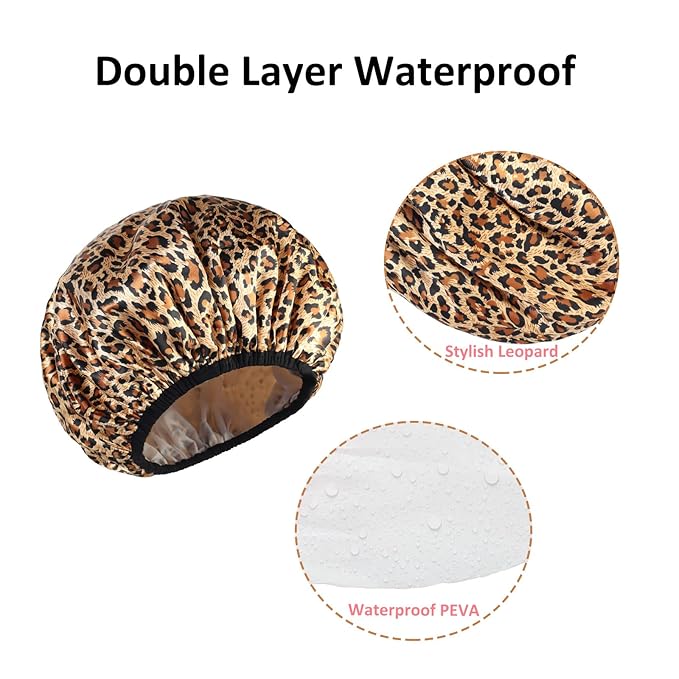 2-Pack Reusable Waterproof Shower Caps for Women, Double-Layer Elastic Bath hat,Extra Large Hair Cap for Long Curly Hair（Leopard）