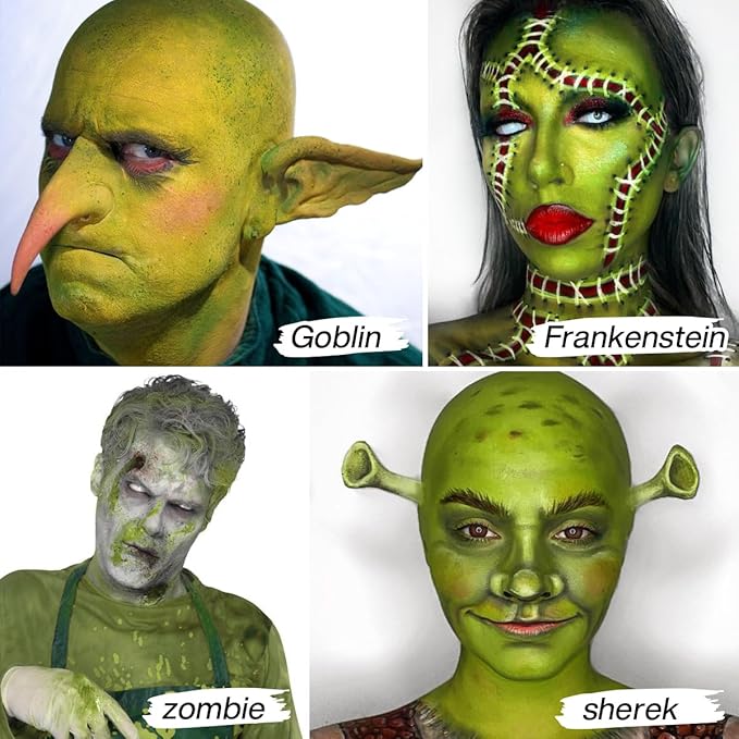 Ogre Green Face Body Paint, Witch Green Full-Coverage Cream to Powder Foundation Makeup, Non-Toxic Face Painting for Hulk Hunting, Frankenstein,Wicked Ogre,Halloween SFX Makeup, Cosplay,Theater,Stage