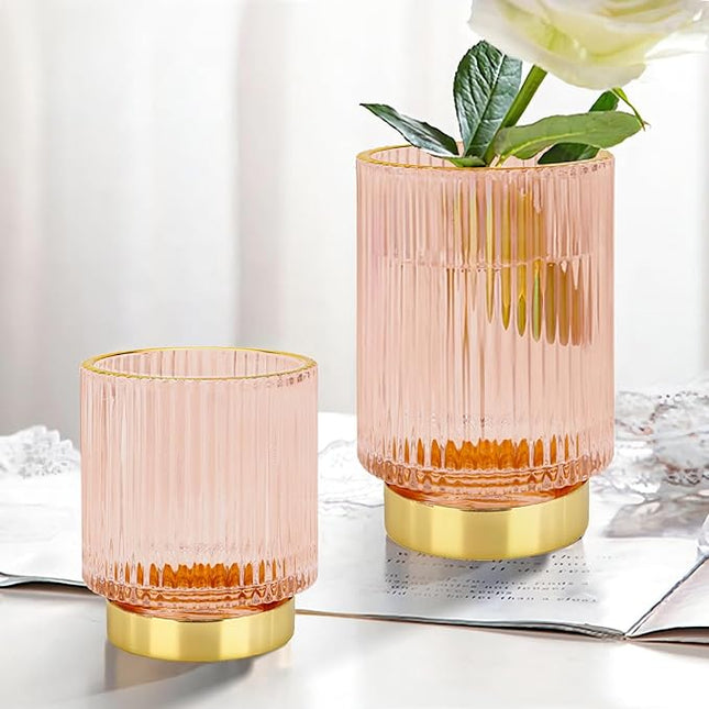 DASITON Makeup Brush holder Organizer,Crystal Cosmetic Makeup Brush Glass Brushes Storage Holder, Vintage Make Up Brush Cup Pen Pencil Holder striped vase(Pink S+L)