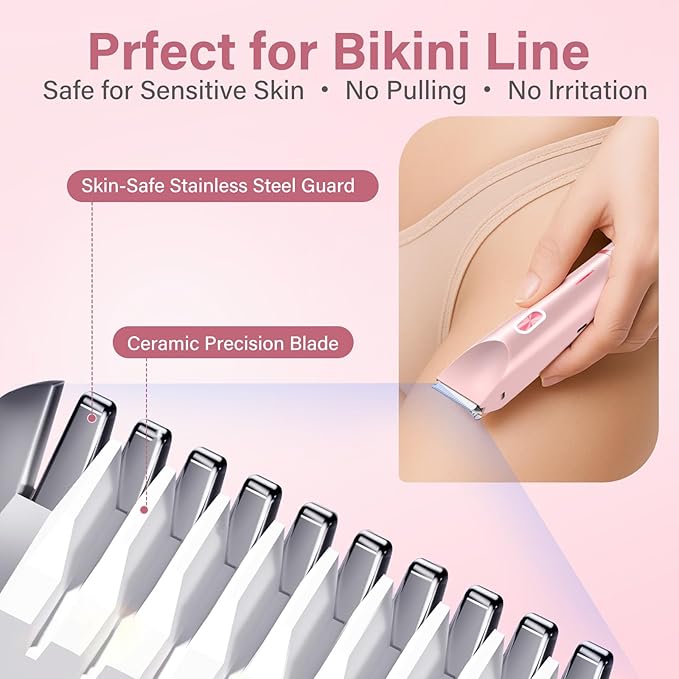 2-in-1 Women's Electric Razor & Bikini Trimmer - Painless Smooth Shave & Gentle Pubic Hair Removal - Dual Ceramic Blades, IPX7 Shower-Proof - Cordless for Sensitive Skin