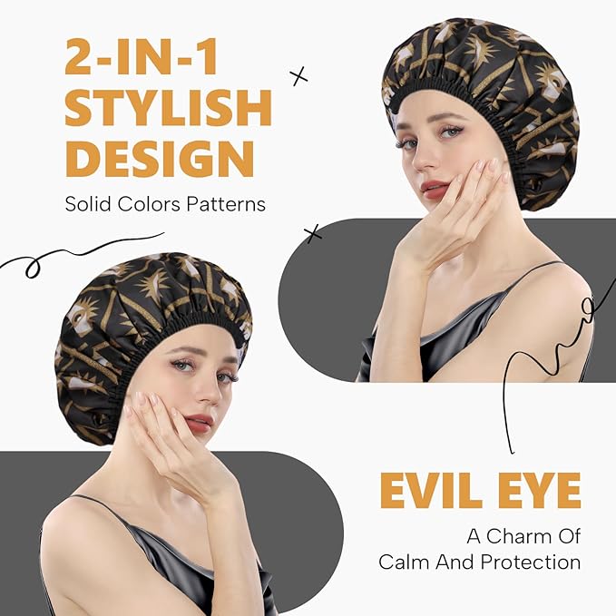 Years Calm Evil Eye Shower Caps for Women Reusable Waterproof, Pattern and Solid Color Dual-Layer Design, Hair Cap for Shower with Elastic Band, Fits Braids, Dreadlocks & Long Hair (Black)