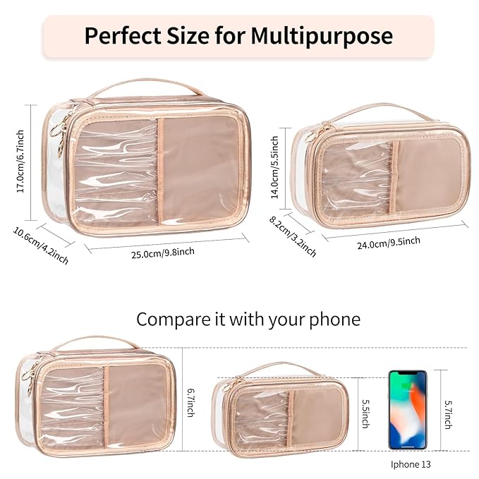 OCHEAL Clear Makeup Bag, Portable Makeup Organizer Cosmetic Bag, Large Travel Makeup Bag Cute Clear Pouch For Women and Girls Cosmetics Bags with Divider Makeup Brush Compartment-Rose Gold