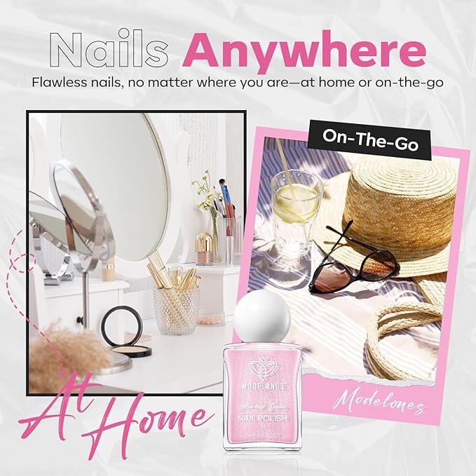 modelones Glazed Pink Nail Polish, Shimmer Pearl Pink 15 ml Quick Dry Nail Lacquer Strengthener Long Last Shine Fingernail Toe Nail Art DIY Home Travel Manicure Gift for Women Girls 0.5 Fl Oz