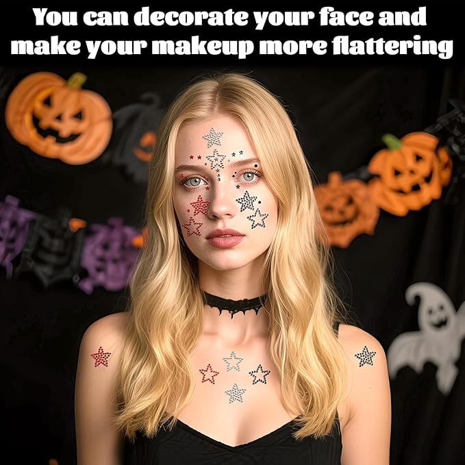 Halloween Self Adhesive Face Gems for Makeup, Red Black Clear Festival Jewels, Hair Gems, Y2K Star Rhinestone Stickers for Face, Eye, Makeup, Body ﻿