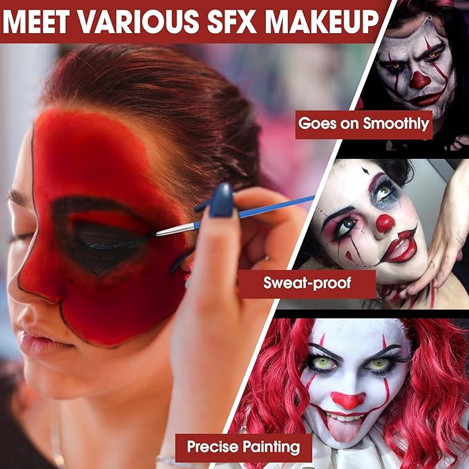 3 Colors Face & Body Paint [Black, White, Red] + 3pc Sponge & Brush, Baseball Eye Black for Sports Face-Painting, Halloween Makeup Kit for Zombie, Clown, Vampire, Skeleton, Joker Costume Makeup