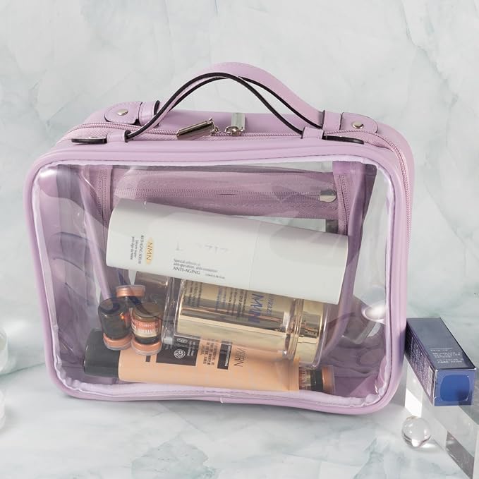 SANHECUN traveling toiletry bag large clear cosmetics case makeup bag Dimensions | LxWxH:10” x 4.5” x 7.5” (Purple, Medium)