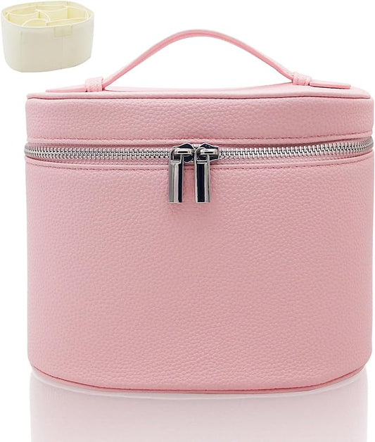 KJMYYXGS Leather Makeup Bag with Dividers Make Up Organizers with Compartments and Handle for Vanity Travel Makeup Countertop Case (pink)
