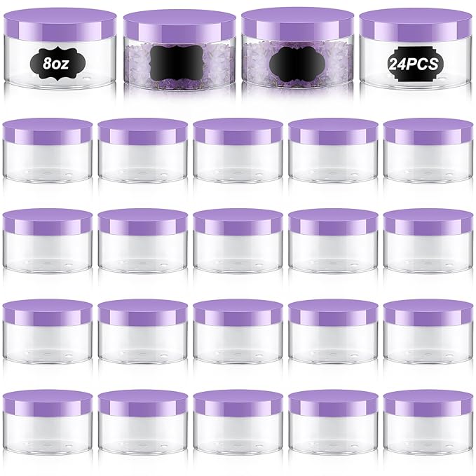 Dandat 24 Pcs 8 oz Plastic Jar Container with Lid and Label Refillable Empty Round Clear with Purple PET Cosmetic Sample Containers for Lotion, Cream, Ointments, Body Butter, Makeup, Travel Storage