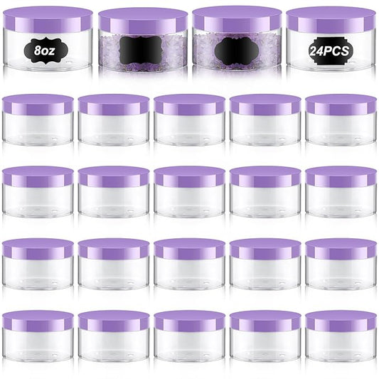 Dandat 24 Pcs 8 oz Plastic Jar Container with Lid and Label Refillable Empty Round Clear with Purple PET Cosmetic Sample Containers for Lotion, Cream, Ointments, Body Butter, Makeup, Travel Storage