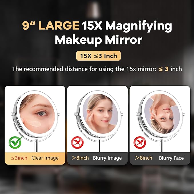 15x Makeup Mirror with Light, Lighted Vanity Mirror with 3 Color Brightness Adjustable, 360°Rotation Double Side Bathroom Mirror -Chrome