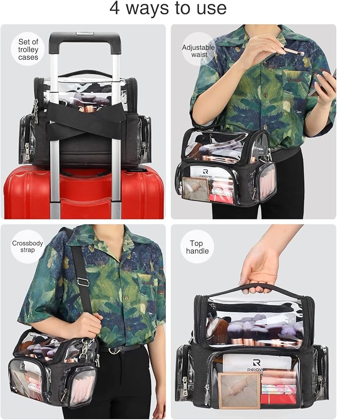 Clear Makeup Brush Case,Stand-up Makeup Cup Large Cosmetic Organizer Holder Professional Makeup Artist Travel Case with Adjustable Divide&Strap (02-Black（X Large）)