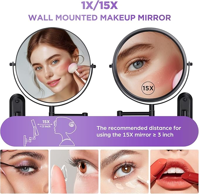 Wall Mounted Makeup Mirror - 1X/15X Magnifying Makeup Mirror with Extended Arm 360°Swivel Vanity Mirror, 8.5in Double Sided Mirror for Bathroom, No Lights