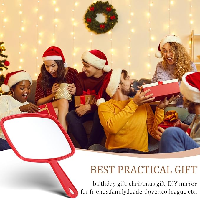 Geetery 12 Pcs Hand Held Mirrors with Handles Hand Makeup Mirrors Bulk Wall Mount for Women Cosmetic Bathroom Home Barber Salon Travel Portable Beauty School Gift, 6.69 x 9.45 Inch (Red)