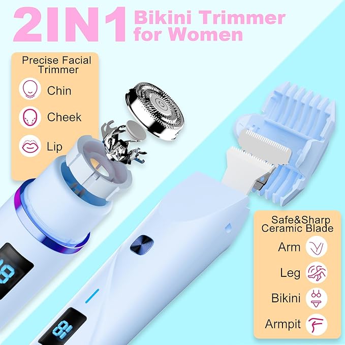 Bikini Trimmer for Women, 2 in 1 Electric Razors for Women Pubic Hair, IPX7 Waterproof Dual Head Bikini Shaver with LED Display, Rechargeable Electric Trimmer (Blue)