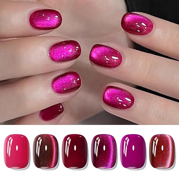 BORN PRETTY Gel Nail Polish Hot Pink Pitaya Red Color Gel Polish Ice Glass Cat Magnetic Eye Effect Holographic Glitter Shimmer Soak Off Nail Art Manicure DIY Salon and Home Sweetheart Series