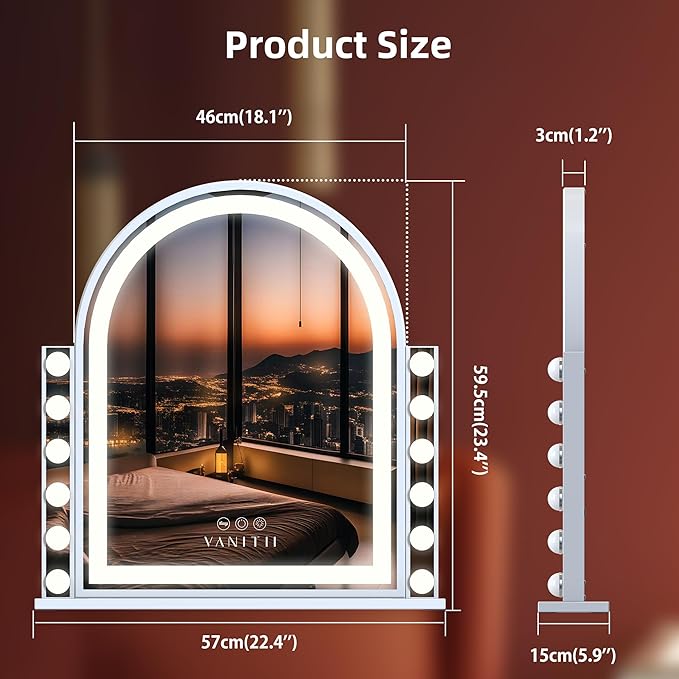 VANITII Hollywood Vanity Mirror with Light Strip and 12 Bulbs 18.1"x23.4" LED Arched Makeup Mirror with 3 Color Modes Lighted Makeup Mirror with 10X Magnification for Dressing Room