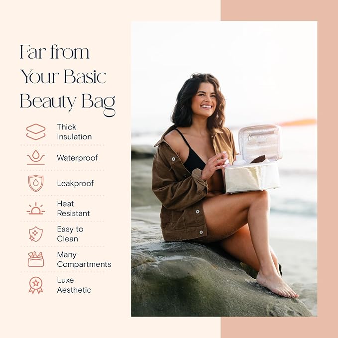 Large Insulated Metallic Silver Travel Makeup Case - Waterproof Vegan Leather Beauty Travel Skincare Bag - Heat-Resistant Zippered Designer Makeup Bag Shields Cosmetics from Melting, Freezing