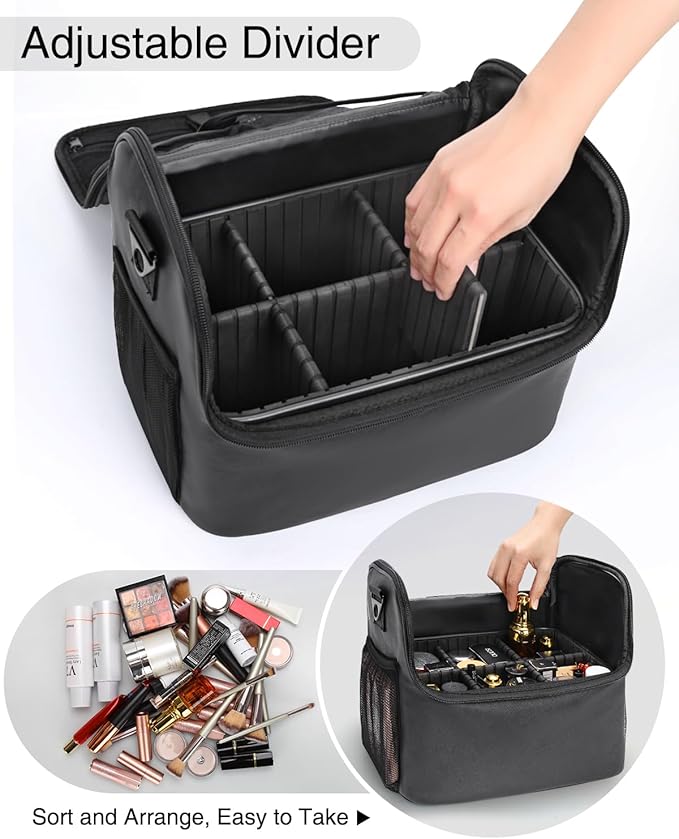 Travel Makeup Case with 4 Small Bag, Professional Makeup Artist Bag Tattoo Case PU Leather Makeup Organizer Box with Adjustable Dividers and Shoulder Strap (Medium, Black)