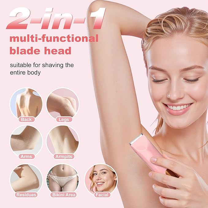 Bikini Trimmer for Women, Electric Razors for Women, Shaver With LCD Display, 2 in 1 Dual-Head Bikini Shaver, Rechargeable Razors, for Bikini Line Legs Underarms and Private Parts,Dry/Wet(Pink)
