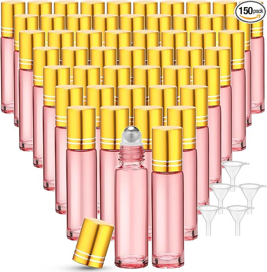 Sumind 150 Pcs Essential Oil Roller Bottles 10 ml Glass Empty Roll on Bottles with Stainless Steel Balls Leak Proof with 5 Funnel for Travel Essential Oil(Pink)