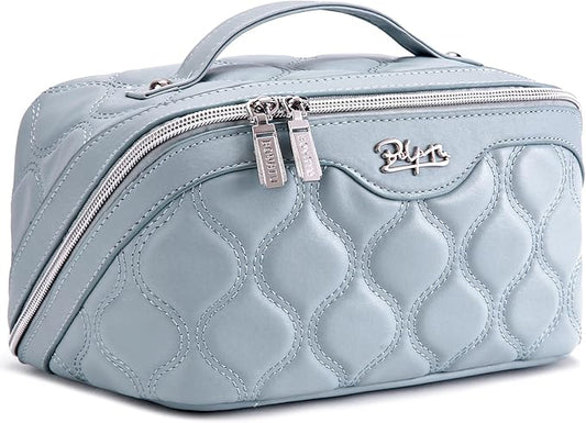 Travel Makeup Bags for Women Cosmetic Bag: Puffy Make up Bags Set of 3 - Vegan Leather Makeup Organizer - Waterproof Large Toiletry Bag with Compartments - Travel Essentials (Blue)