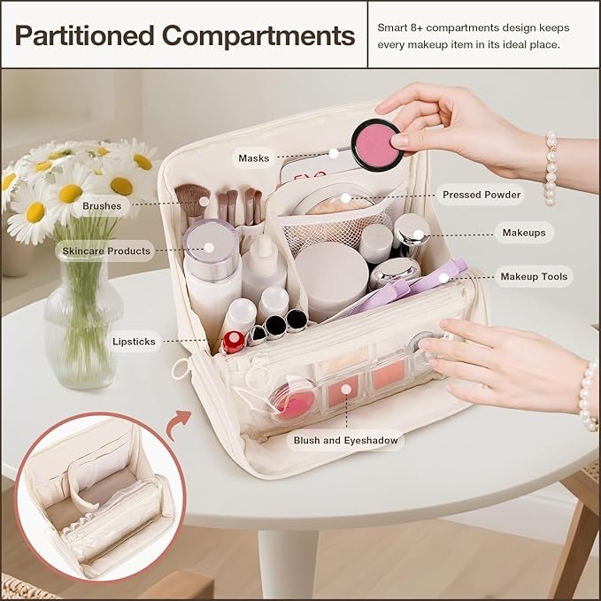 Abiudeng Standing Travel Makeup Bag Stand up Make up Bag Travel Toiletry Bag with Multiple Compartments Large Capacity for Women Business Trips Fitness and Daily Commutes (White)