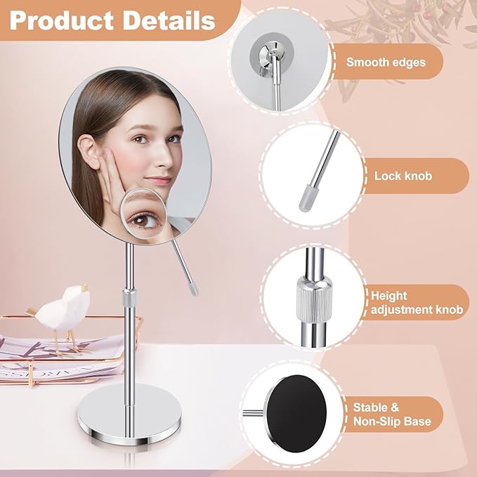 8" HD Vanity Mirror with Swivel & Adjustable Height (13-18"), Bonus 10X Magnifying Suction Cup Makeup Mirror for Precision Grooming & Shaving, Chrome Finish for Tabletop & Bedroom（No Light）