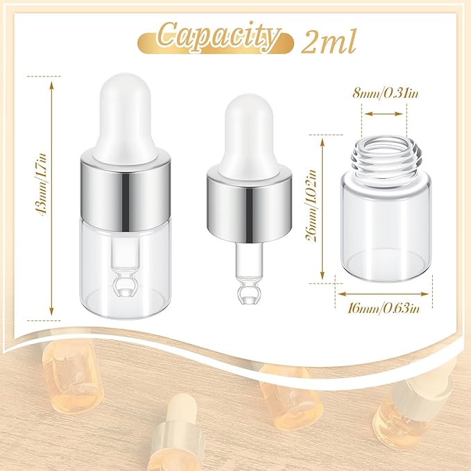 200 Pcs Mini Glass Oil Dropper Bottle Bulk, Clear Essential Small Empty Bottles Sample Containers Perfume Liquid Vials with Cap for Traveling (2 ml,Silver)