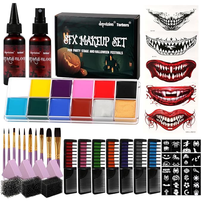 Depvision SFX Makeup Kit Halloween Makeup Set Professional Face Body Paint Special Effects Makeup Set with Fake Blood Temporary Tattoo Hair Chalk Oil Body Paint Sponges Brushes for Halloween Party