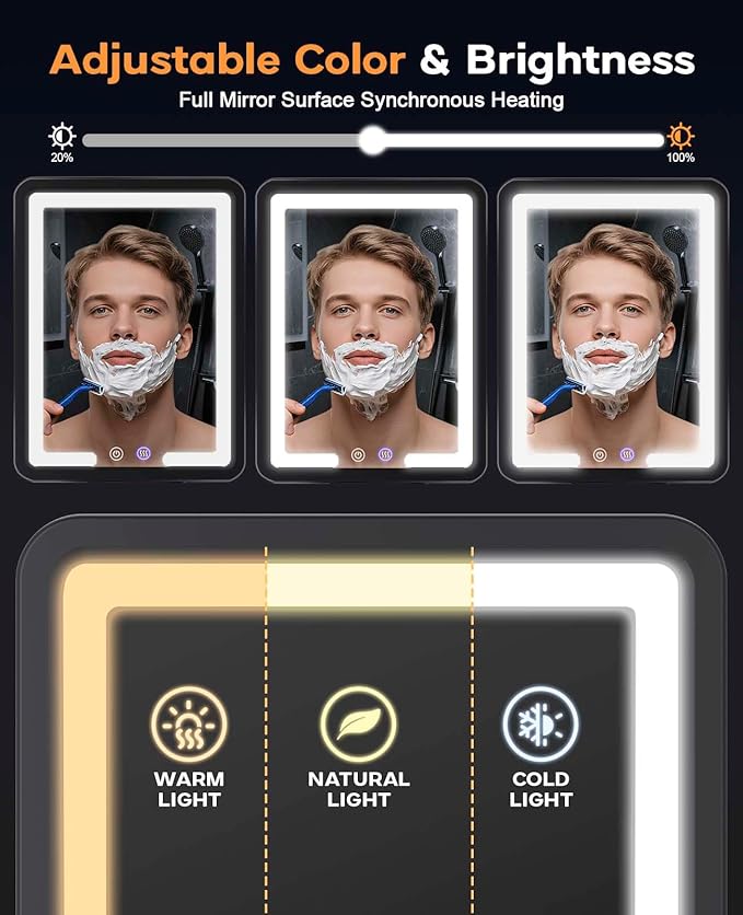 Shower Mirror Fogless for Shaving 7x9in Heated Anti Fog Mirror 3 Color Dimmable Lighted Mirror Rechargeable with Storage Tray Razor Holders 360° Rotatable Black Fog Free Bathroom Mirror for Men