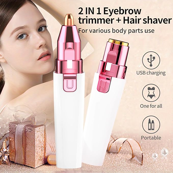 Facial Hair Remover for Women - White USB Rechargeable Eyebrow Trimmer & Face Shaver with LED Light, 2-in-1 Hair Removal Device for Smooth Skin