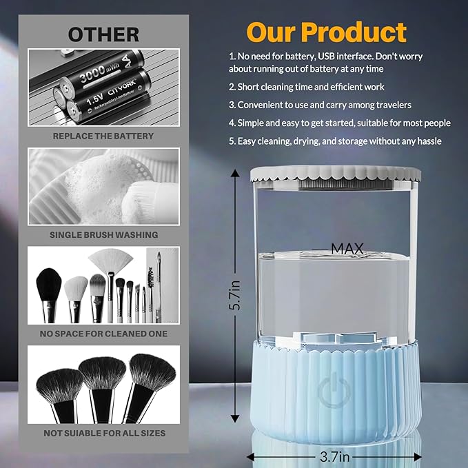 Electric Makeup Brush Cleaner Machine, Quick Efficient Deep Cleaning Makeup Brush, Automatic Spinning Cosmetic Brush Cleaner All Types of Brushes Portable Compact Design for Travel Home Use
