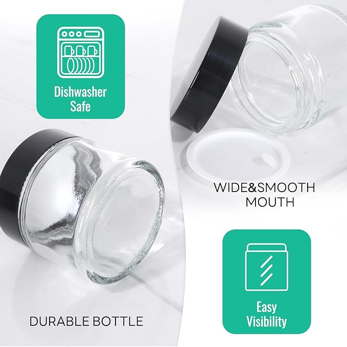 35 Pack 2 oz Clear Round Glass Jars with Black Lids - Portable Empty Glass Containers with Inner Liners for Cosmetic, Body Butters, Body Butter, Candle Jars