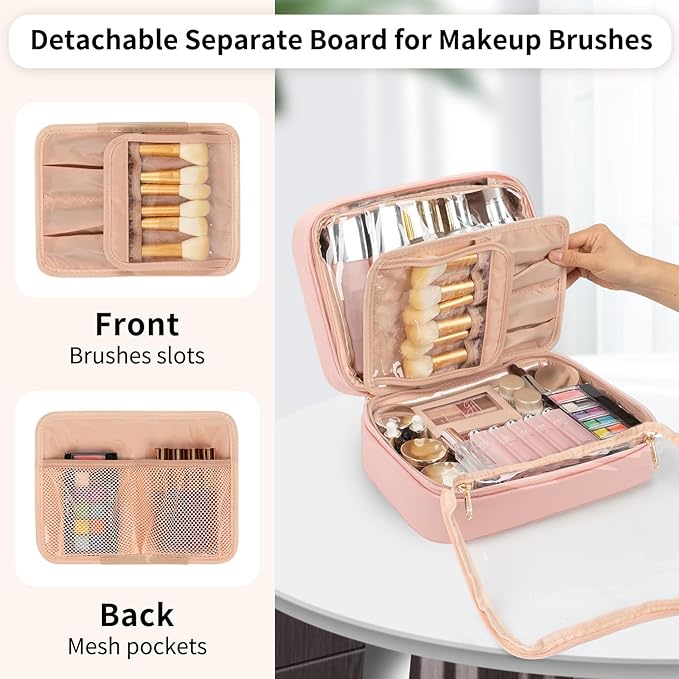 OCHEAL Makeup Bag, Makeup Travel Bag Large Capacity Cosmetic Organizer Bag with Makeup Brush Compartment & Handle for Women Girls Travel Toiletry Accessories-Pink