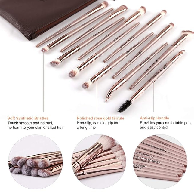 Z'OREYA Eye Makeup Brushes, 12 Pcs Professional Eye Brush Set Eyeshadow, Eyebrow, Blending, Fan, Eyelash Brush Set With Carrying Bag(Champagne Gold)