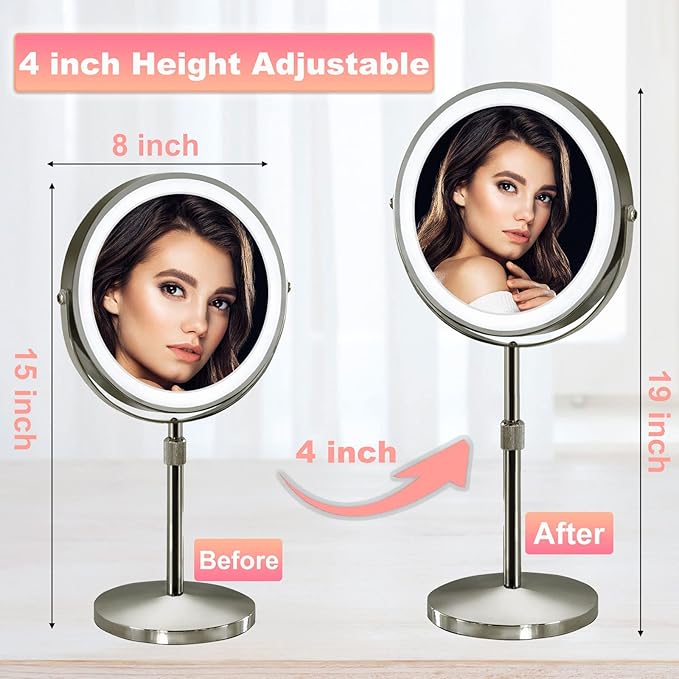 10x Makeup Mirror with Lights, 4000mAh Height Adjustable Lighted Makeup Mirror, Magnifying Mirror with LED Lights,Cosmetic Vanity, Light Up Mirror, Nickel