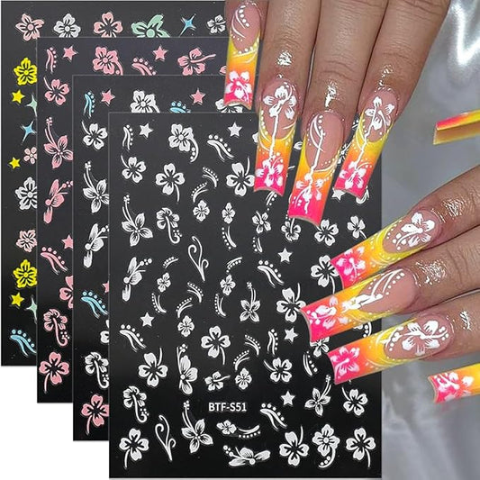 Dornail 8 Sheets 3D Colorful Flower Nail Stickers,Hollow White Hibiscus Flowers Nail Art Stickers Blooming Pink Hibiscus Floral Leaf Nail Decals for Women DIY Nail Art Supplies Nail Designs Nail Decor