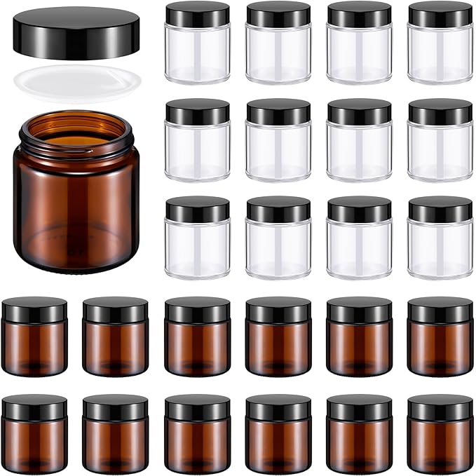 Norme 24 Pcs 4 oz Glass Jars with Lids Leakproof Round Airtight Empty Cosmetic Jars with Inner Liners Lid for Storing Lotions Powder Ointments Candle Making Tins (Black,Amber and Clear)