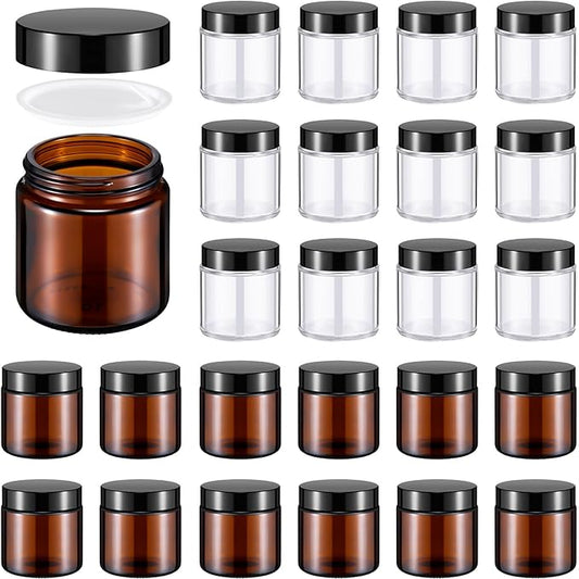 Norme 24 Pcs 4 oz Glass Jars with Lids Leakproof Round Airtight Empty Cosmetic Jars with Inner Liners Lid for Storing Lotions Powder Ointments Candle Making Tins (Black,Amber and Clear)