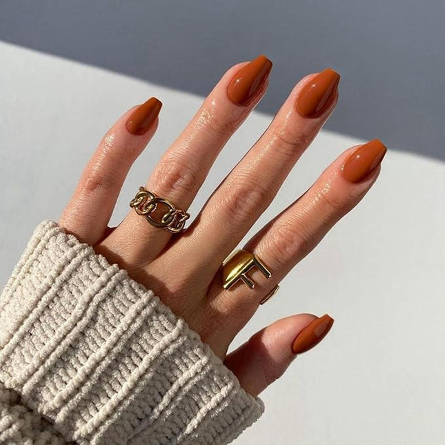 Caramel Press on Nails Medium Coffin Fake Nails Press ons, KXAMELIE Full Cover False Nails Tips Medium Length Glue on Nails Natural Thick Long Acrylic Nails 24Pcs Solid Color Coffin Nails for Women