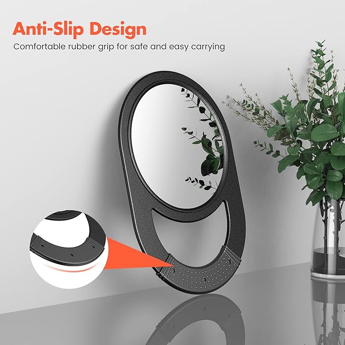 TASALON Unbreakable Hand Mirror, Hand Mirrors with Handle, Salon, Barber Mirror for Hair, Anti-Slip Hand Held with Rubber Grip for Travel, Makeup, Shaving, Shower, Camping - Black