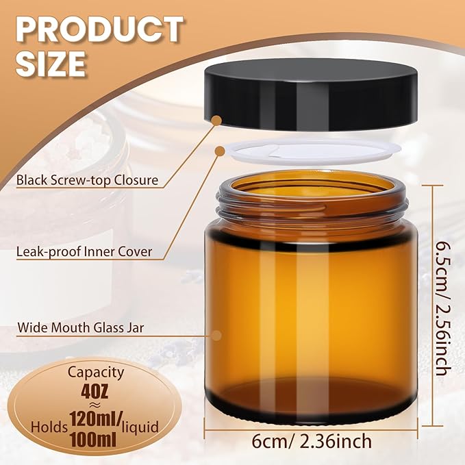 4 oz Amber Glass Jars with Lids - 32 Pack Brown Leakproof Cosmetic Containers with Inner Liners, Wide-Round Smooth Mouth, Sealable for Creams, Essential Oils, Body Butter, Travel Samples