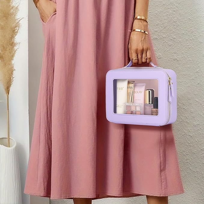 Pinkmik Clear Makeup Bag Waterproof Travel Case for Cosmetics and Toiletries Women's Makeup Organizer and Car Bag with Zipper (X/Purple, L)