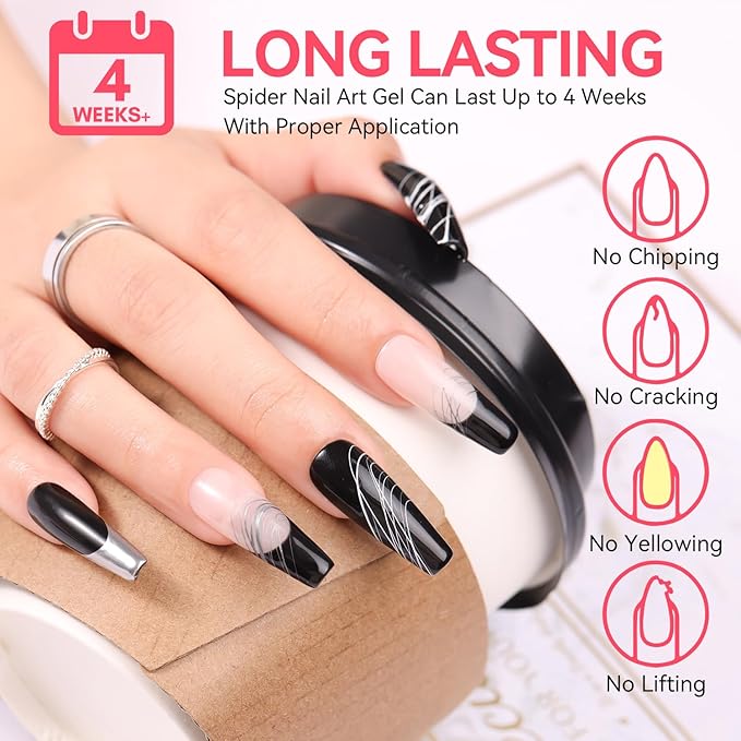 Makartt 3D Spider Gel for Nail Art: Clear Elastic Gel Polish for Drawing and Lines, Use with Chrome Powder, Soak-Off UV LED Gel for DIY Manicures Home or Salon Use